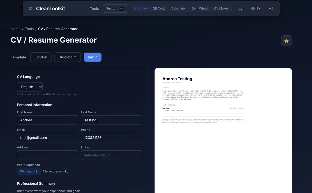 A CV builder that never sees your data
